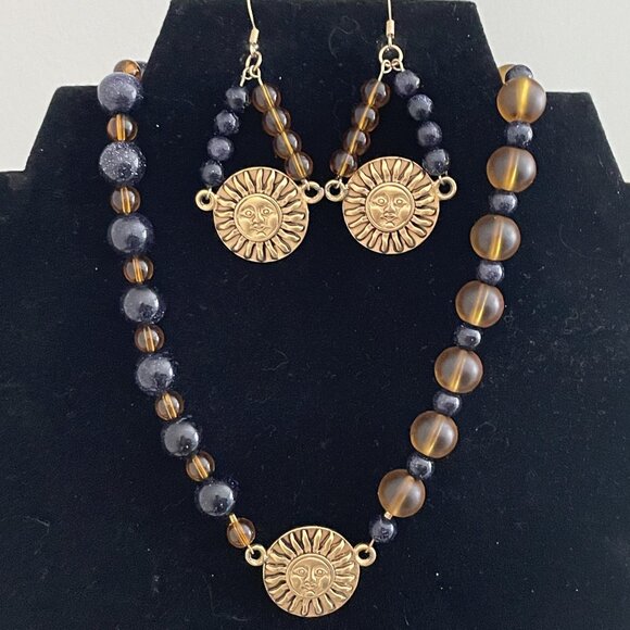 Sun Face Necklace and Pierced Earring Set Blue Goldstone and Amber Beads - Picture 1 of 4